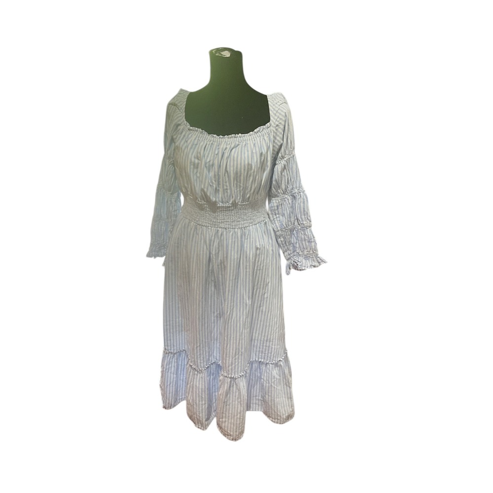 RAHI Blue White Striped Smocked Midi Dress Long Sleeve Cotton Tiered Ruffle L